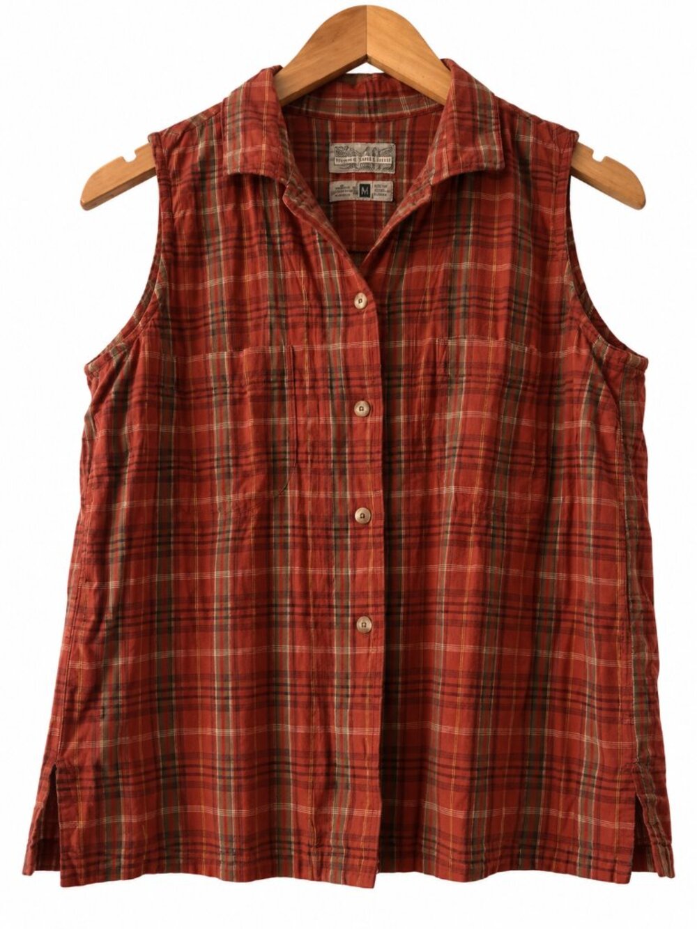Royal Robbins Rust Red Plaid Cotton Linen Sleeveless Button Front Top Holiday M